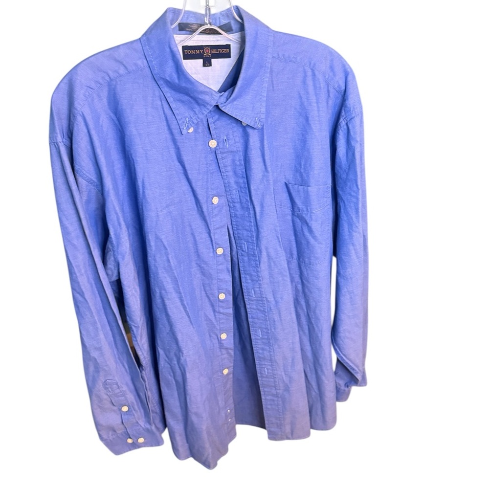 Vintage 90s Tommy Hilfiger Blue Button-Down Shirt | Classic Flag Logo | Size L